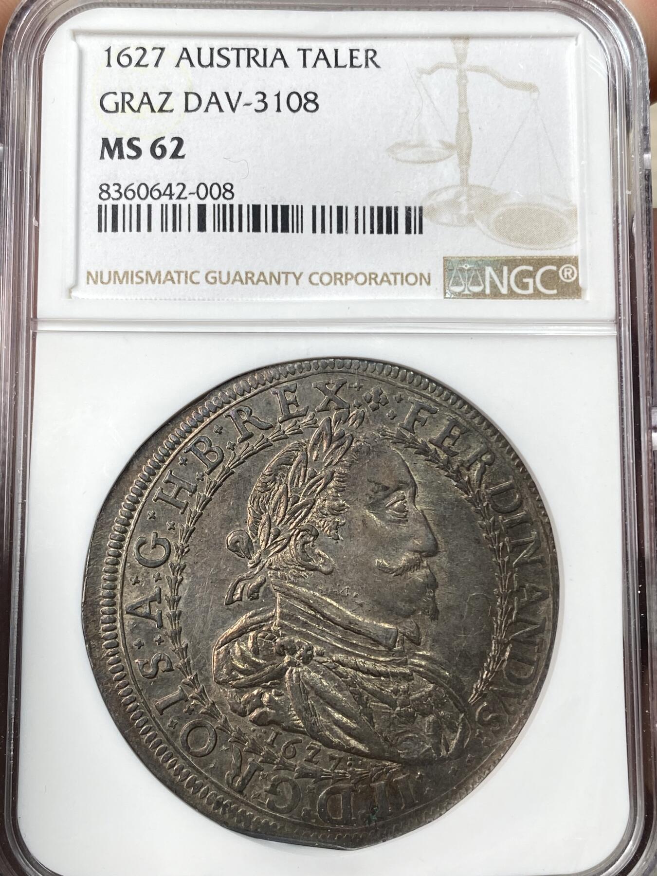 万国钱币拍卖第059期 NGC MS62 1627年神圣罗马帝国费迪南德二世纹章大泰勒 近400年历史的神罗大银 醇厚均匀玫瑰红色包浆极致美丽 全深打顶级收藏品质