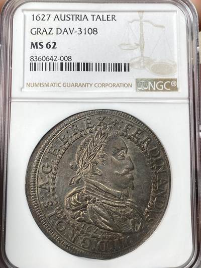 万国钱币拍卖第059期 - NGC MS62 1627年神圣罗马帝国费迪南德二世纹章大泰勒 近400年历史的神罗大银 醇厚均匀玫瑰红色包浆极致美丽 全深打顶级收藏品质
