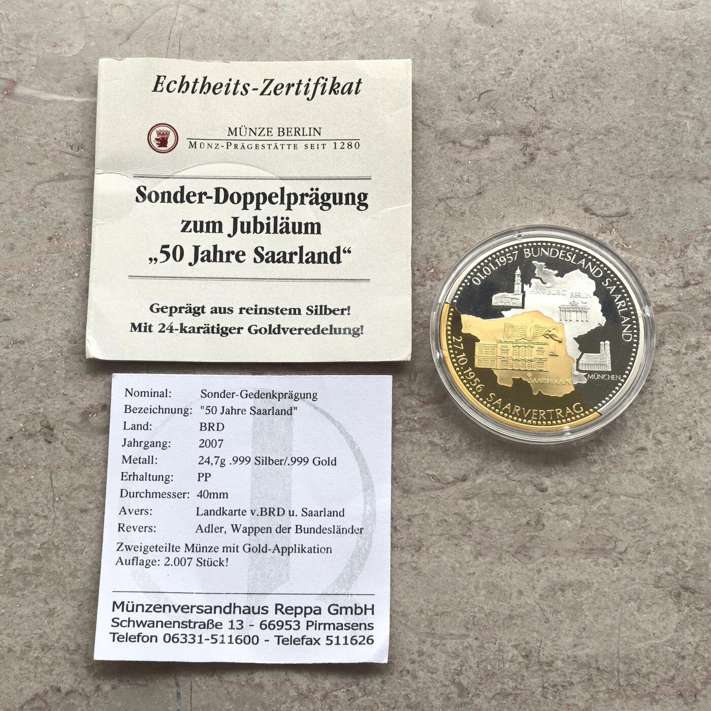 博洋堂世界钱币拍卖第158期（全场包邮） 2007年德国部分镀金精制银纪念章 萨尔兰州并入德国50年 24.7克999银 带证 发行量：2007