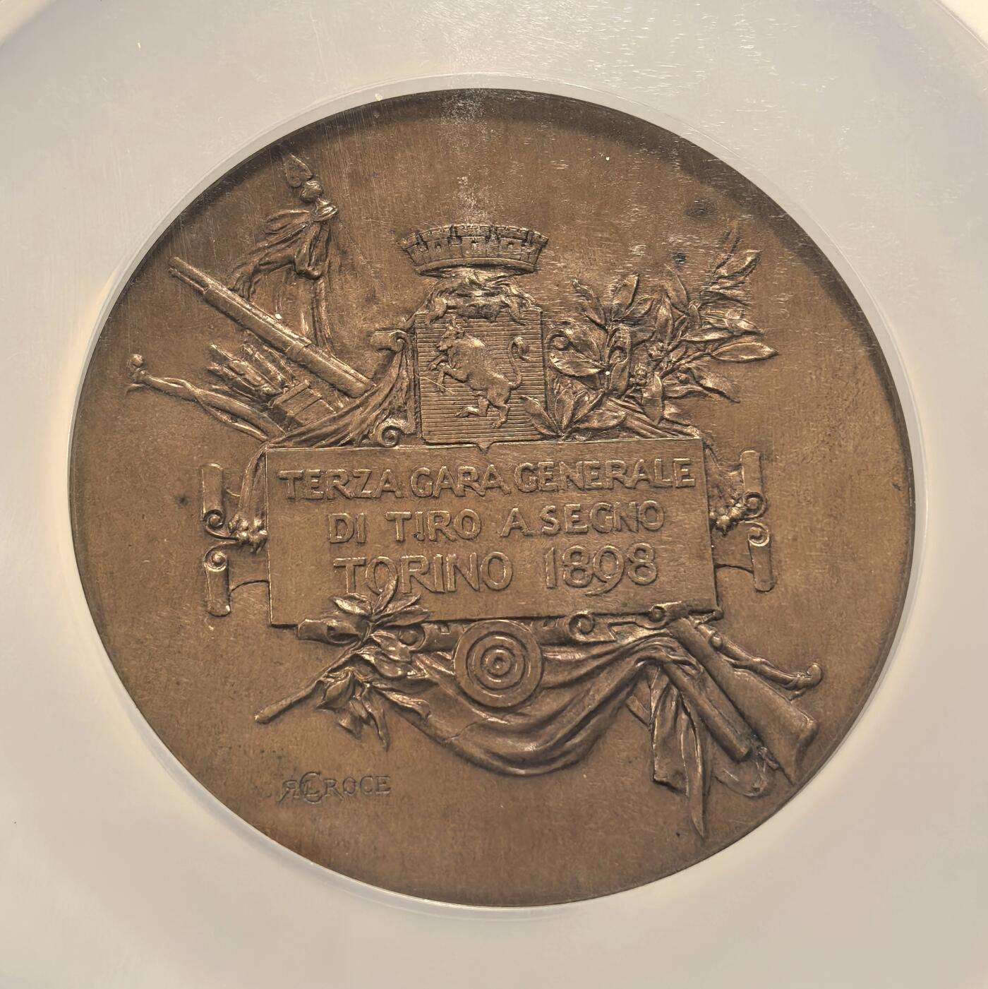 博洋堂世界钱币拍卖第158期（全场包邮） NGC MS64 1898年意大利都灵第三届射击节纪念大铜章，直径61mm，正面为群女交谈，刻画生动栩栩如生，背面为月桂树和印有都林市徽章的旗帜，品相上乘