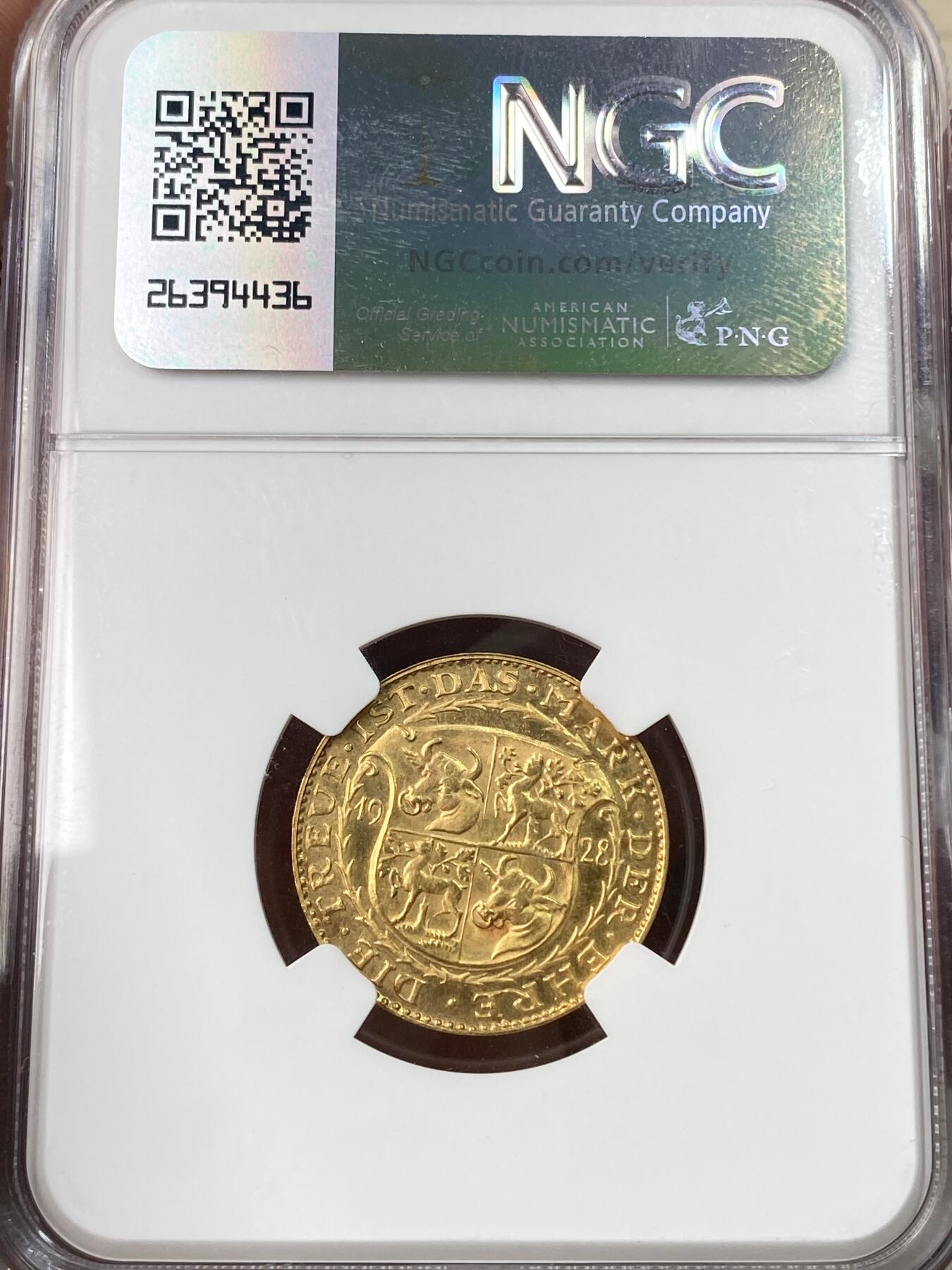 万国钱币拍卖第059期 NGC PF66 1928年德国魏玛共和国兴登堡总统80大寿纪念20马克金章 卡尔哥茨名誉设计深度精制镜面喷砂 顶级GEM收藏级品质 900金 6.47G