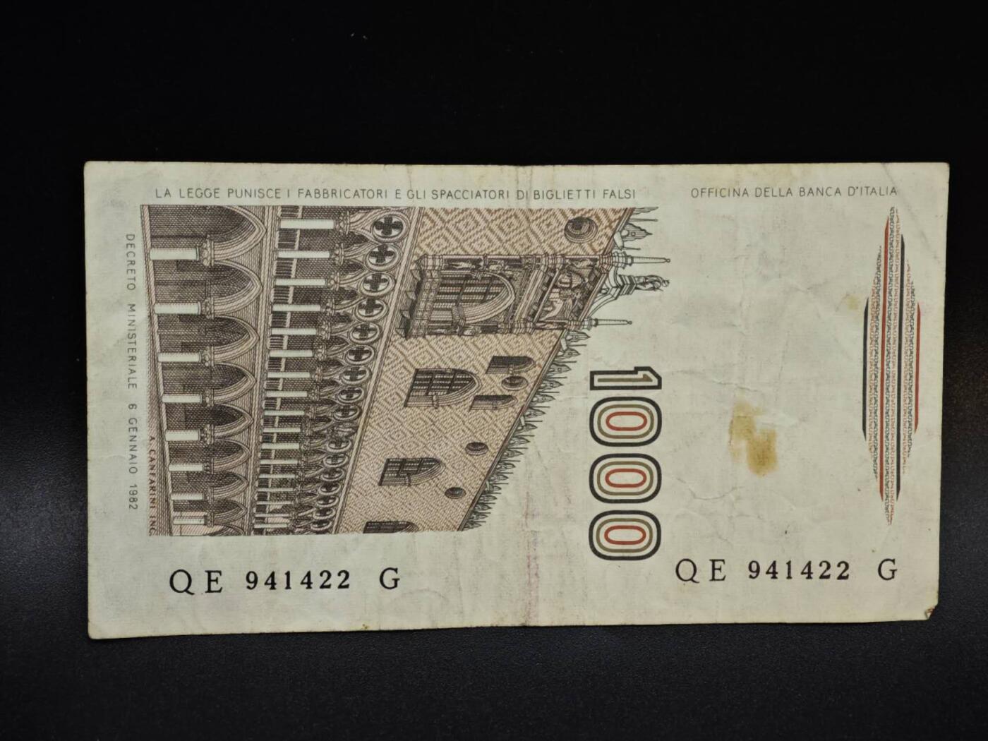 【淘币小摊】限时拍第八百五十二拍  无佣金福利纸币场  满百包邮可预留两周  周一统一发货  意大利1000里拉纸币【有折】