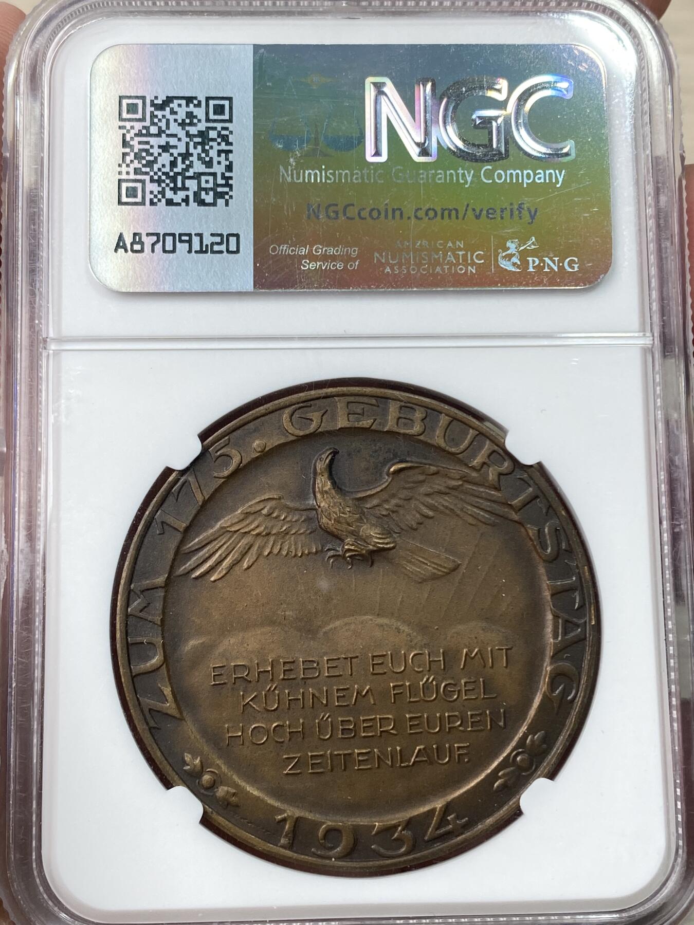 万国钱币拍卖第059期 NGC MS64 1934年德国民族社会主义工人党时期纪念诗圣席勒诞辰175周年纪念铜章 三帝国时期少见品种