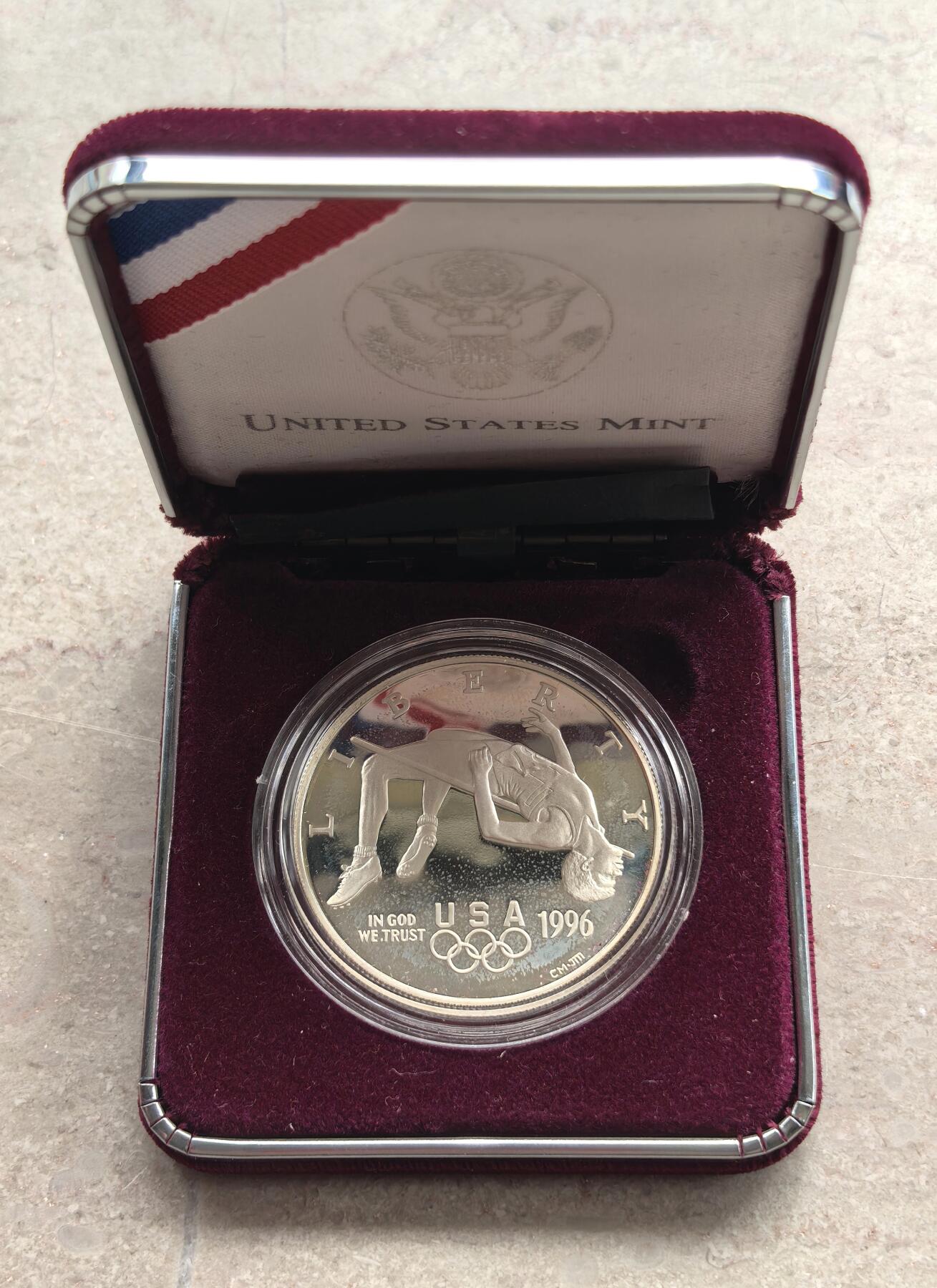 博洋堂世界钱币拍卖第158期（全场包邮） 1996年美国1美元精制银币 亚特兰大奥运会-跳高 26.73克900%银 盒证全 无外纸套