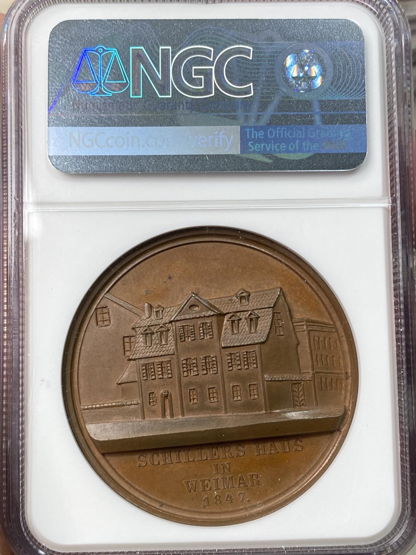 万国钱币拍卖第059期 NGC MS63 1847年德国诗圣席勒位于魏玛的故居纪念大铜章 高浮雕立体感极强