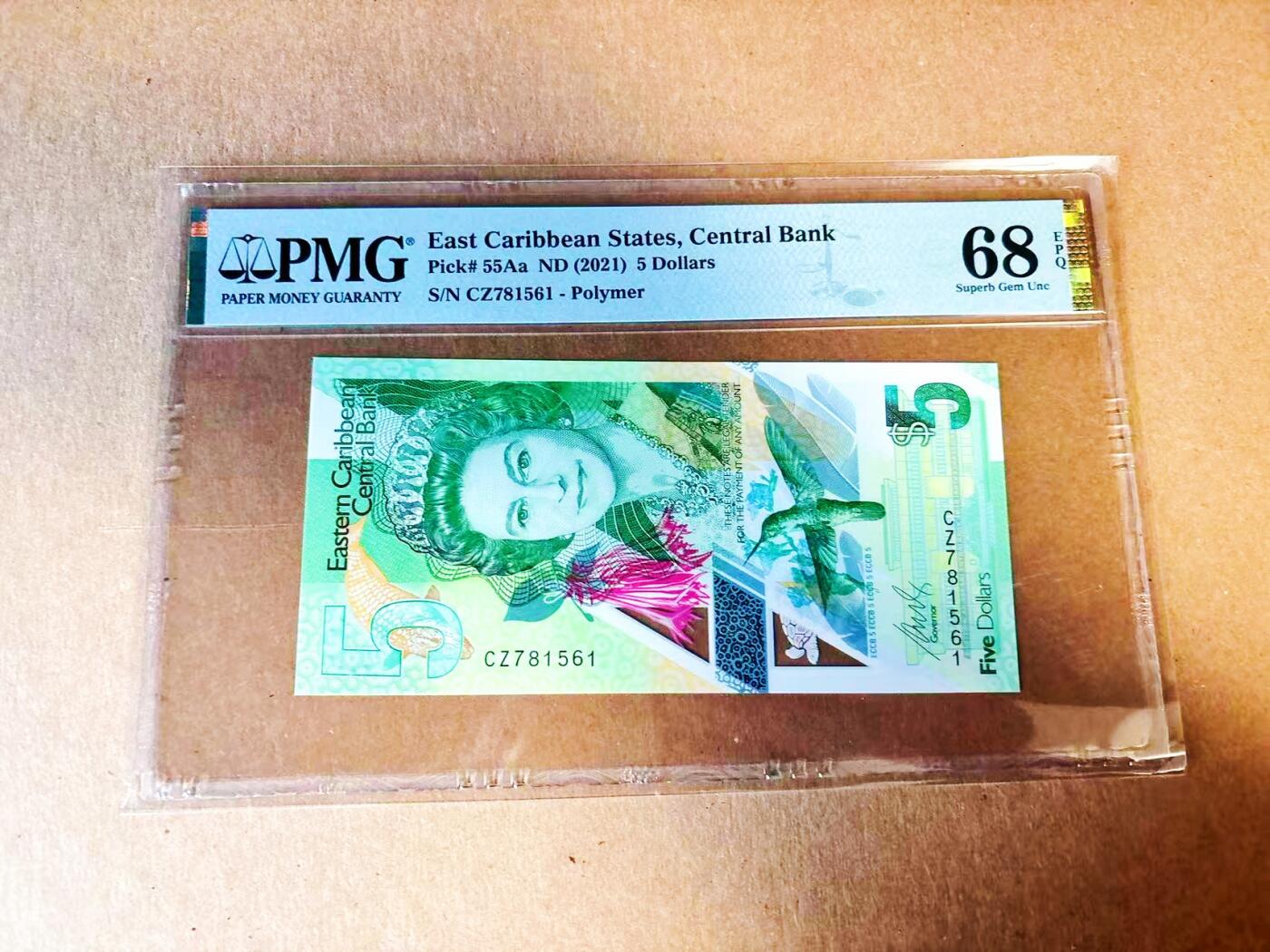 【Blue Auction】世界纸币精拍第778期——18级TOP拍卖/信誉/品质/专业/高效💫 东加勒比 2021年5元  PMG68EPQ 高分 