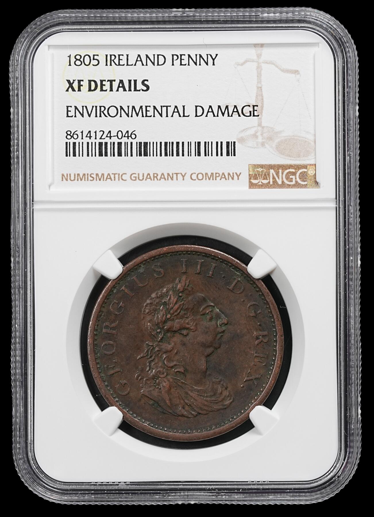 修遠堂世界钱币第102期 NGC XFD 1805年爱尔兰1便士大铜币，经典竖琴图案