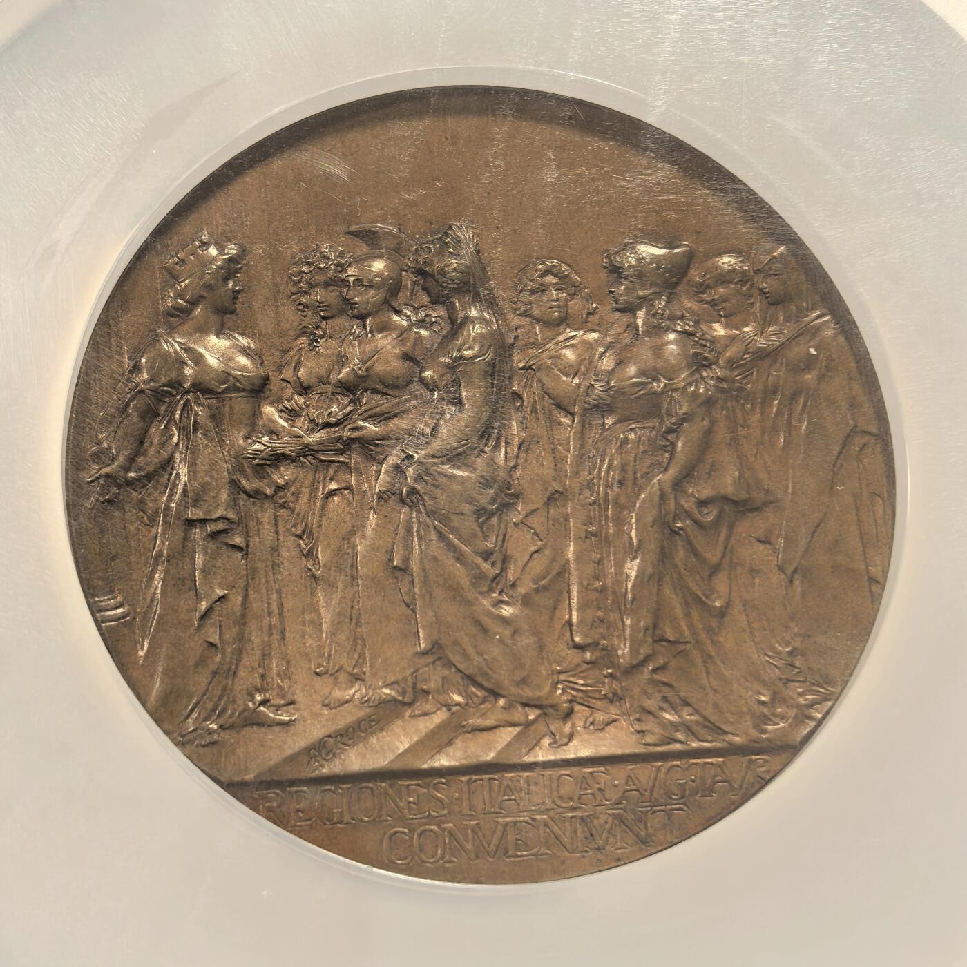 博洋堂世界钱币拍卖第158期（全场包邮） NGC MS64 1898年意大利都灵第三届射击节纪念大铜章，直径61mm，正面为群女交谈，刻画生动栩栩如生，背面为月桂树和印有都林市徽章的旗帜，品相上乘