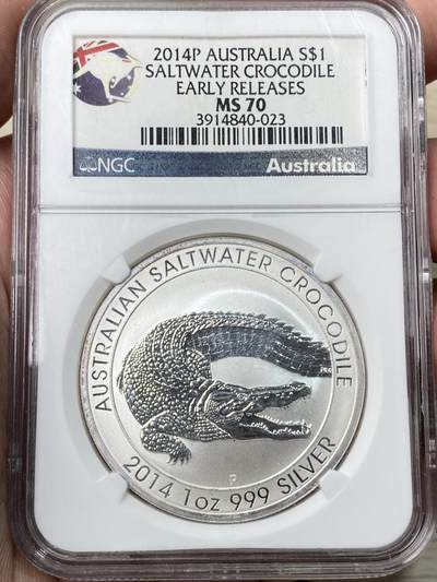 万国钱币拍卖第059期 - NGC MS70 2014年澳大利亚伊丽莎白二世澳洲鳄1盎司纯银1澳元银币 喷砂质感满分品质