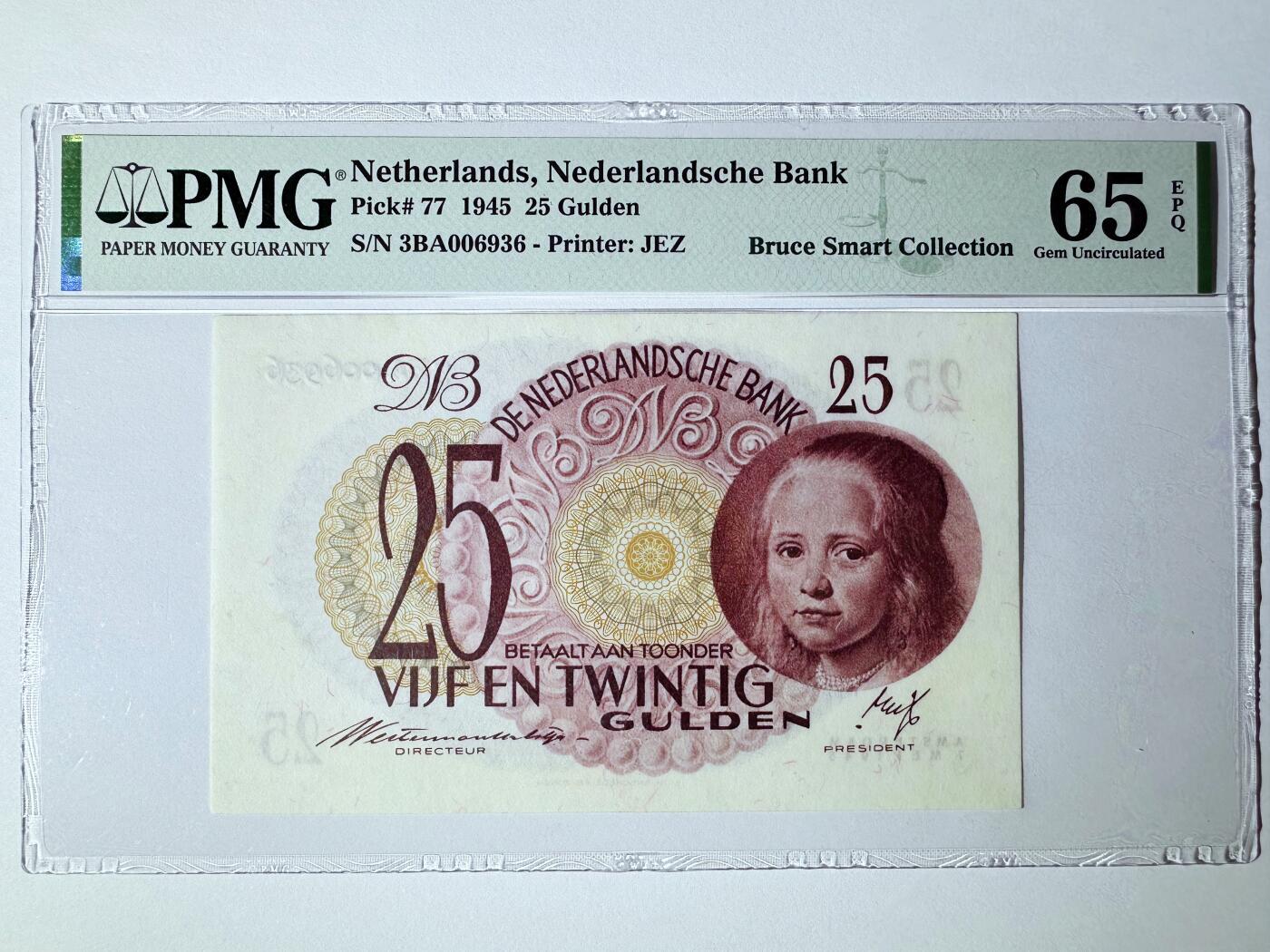 【Blue Auction】世界纸币精拍第778期——18级TOP拍卖/信誉/品质/专业/高效💫  【冠军分 无47千位小号】荷兰 1945年25盾 经典小女孩 设计简洁耐看 PMG65EPQ 顶级高分 非常罕见