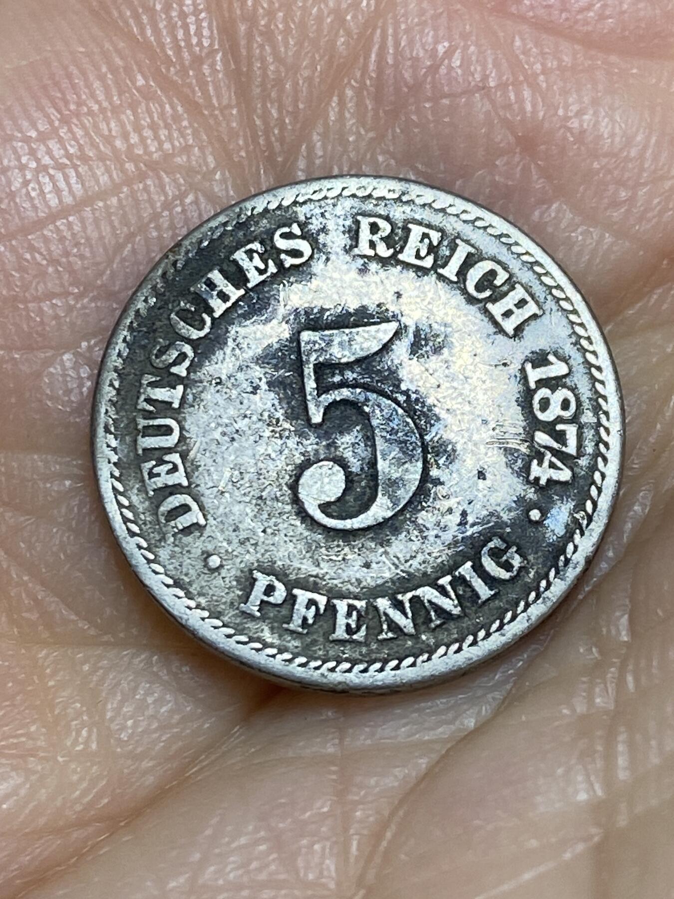 2026年第十三场(总第一百八十二场）外国好品散币场(免佣金) 稀少早期年份–德意志帝国1874年5芬尼(威廉一世时期，E标德累斯顿造)