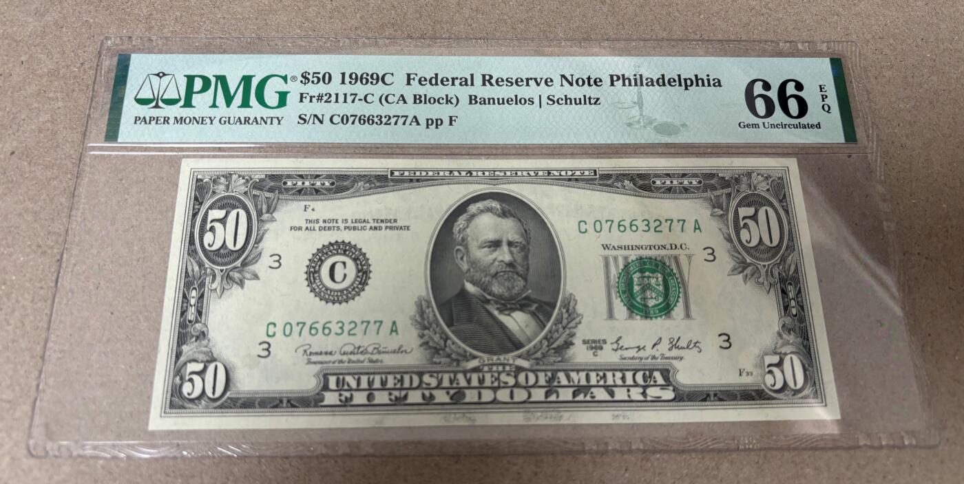 【礼羽收藏】🌏世界钱币拍卖第121期 1969年 50美元 C区首发冠号A 号码无4 PMG66EPQ