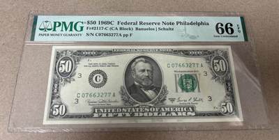 【礼羽收藏】🌏世界钱币拍卖第121期 - 1969年 50美元 C区首发冠号A 号码无4 PMG66EPQ