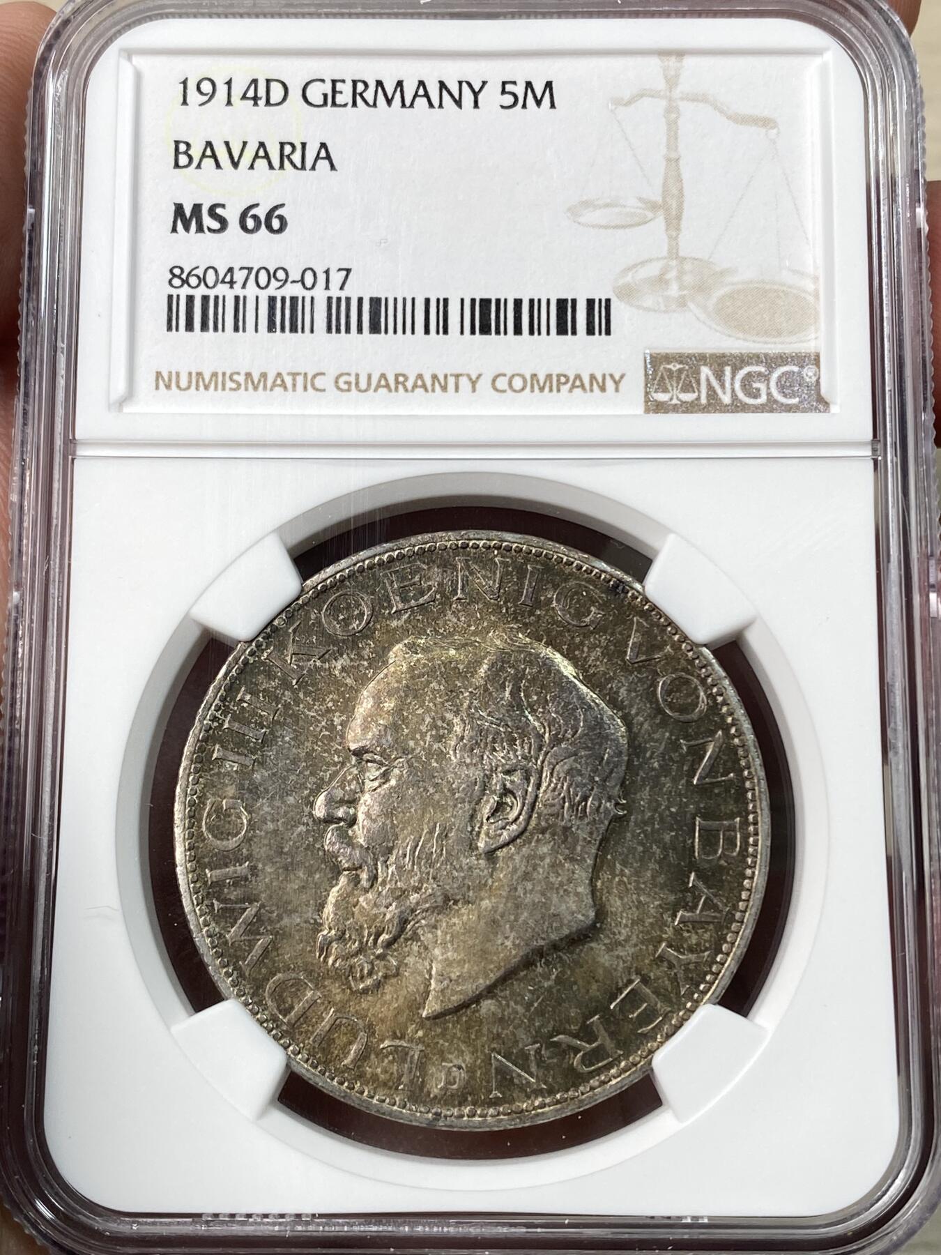 万国钱币拍卖第059期 NGC MS66 1914年德国巴伐利亚路德维希三世长翅流通5马克 发行量142600枚 能达到GEM级别的凤毛麟角 巴伐利亚末代国王 双面厚重五彩 NGC冠军分顶级典藏品质