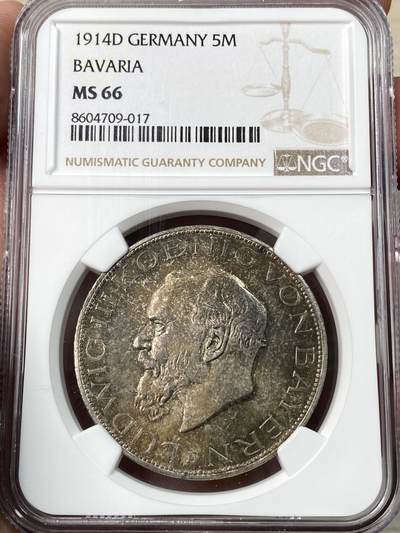 万国钱币拍卖第059期 - NGC MS66 1914年德国巴伐利亚路德维希三世长翅流通5马克 发行量142600枚 能达到GEM级别的凤毛麟角 巴伐利亚末代国王 双面厚重五彩 NGC冠军分顶级典藏品质