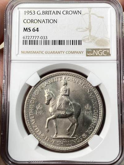 万国钱币拍卖第059期 - NGC MS64 1953年英国伊丽莎白二世加冕纪念克朗镍币 伊二经典品种