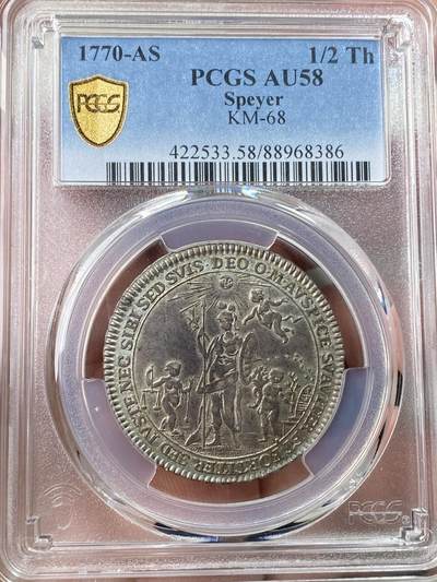 万国钱币拍卖第059期 - PCGS AU58 1770年德国施派尔主教区达米安·奥古斯特·菲利普·卡尔·冯·林堡-费伦-施蒂鲁姆即位纪念1/2泰勒 曼海姆造币厂铸 仅发行3年 原味欧陆包浆野人盾徽