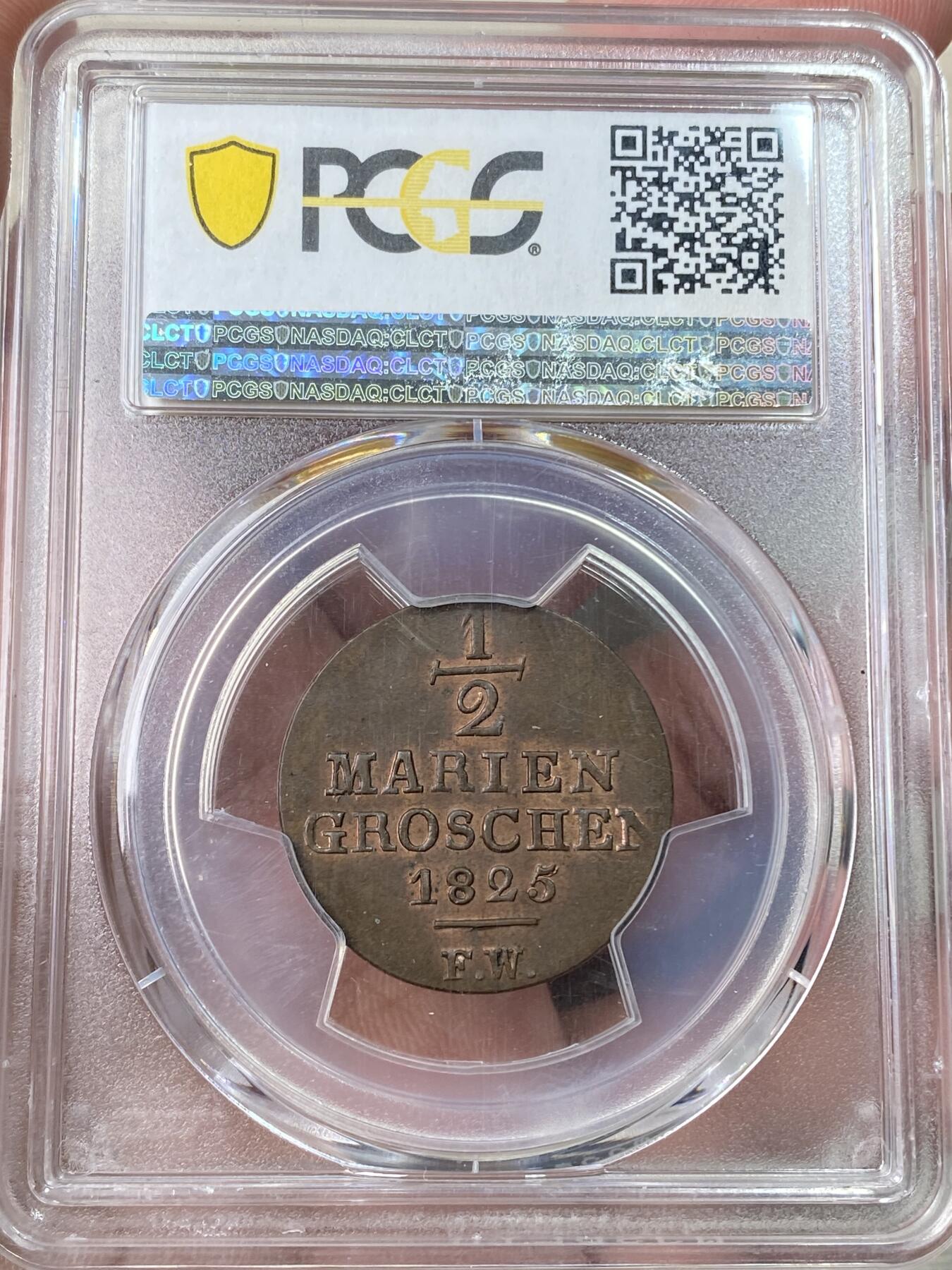 万国钱币拍卖第059期 PCGS MS63 1825年德国瓦尔德克-皮埃蒙特1/2G铜币 原红铜光极美收藏级 PC唯二冠军分