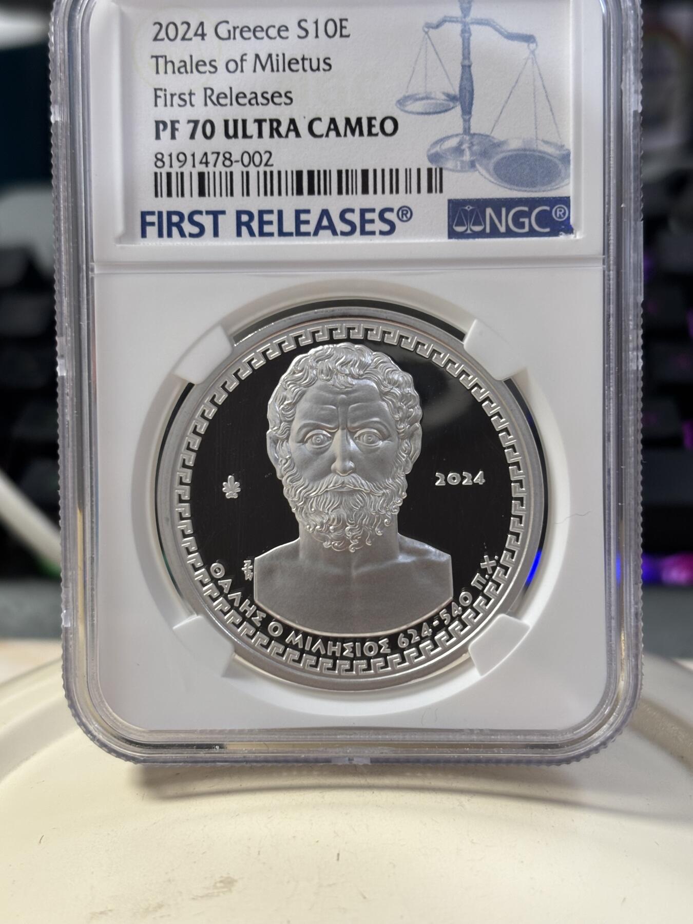 第189期拍卖 希腊2024年希腊文化系列数学家泰勒斯精制纪念银币NGC-PF70首原盒证书，925银，发行2000枚