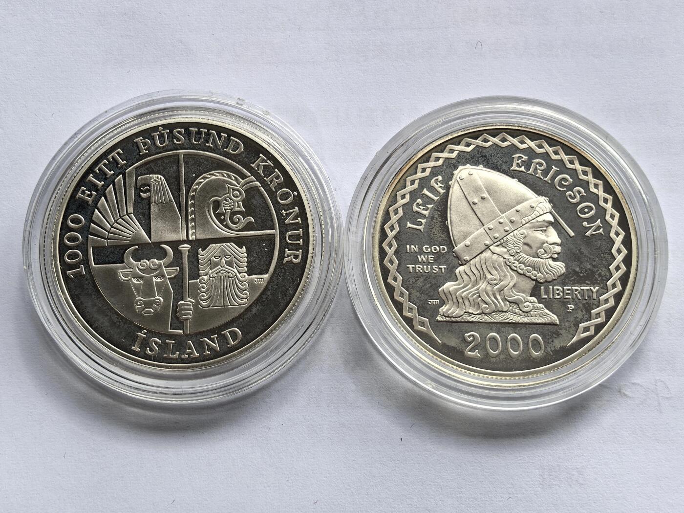 博洋堂世界钱币拍卖第158期（全场包邮） 2000年美国1美元和1000冰岛克朗精制银币套 2000年利耶夫·埃里克森发现美洲千年纪念 26.73克900银X2 盒证全