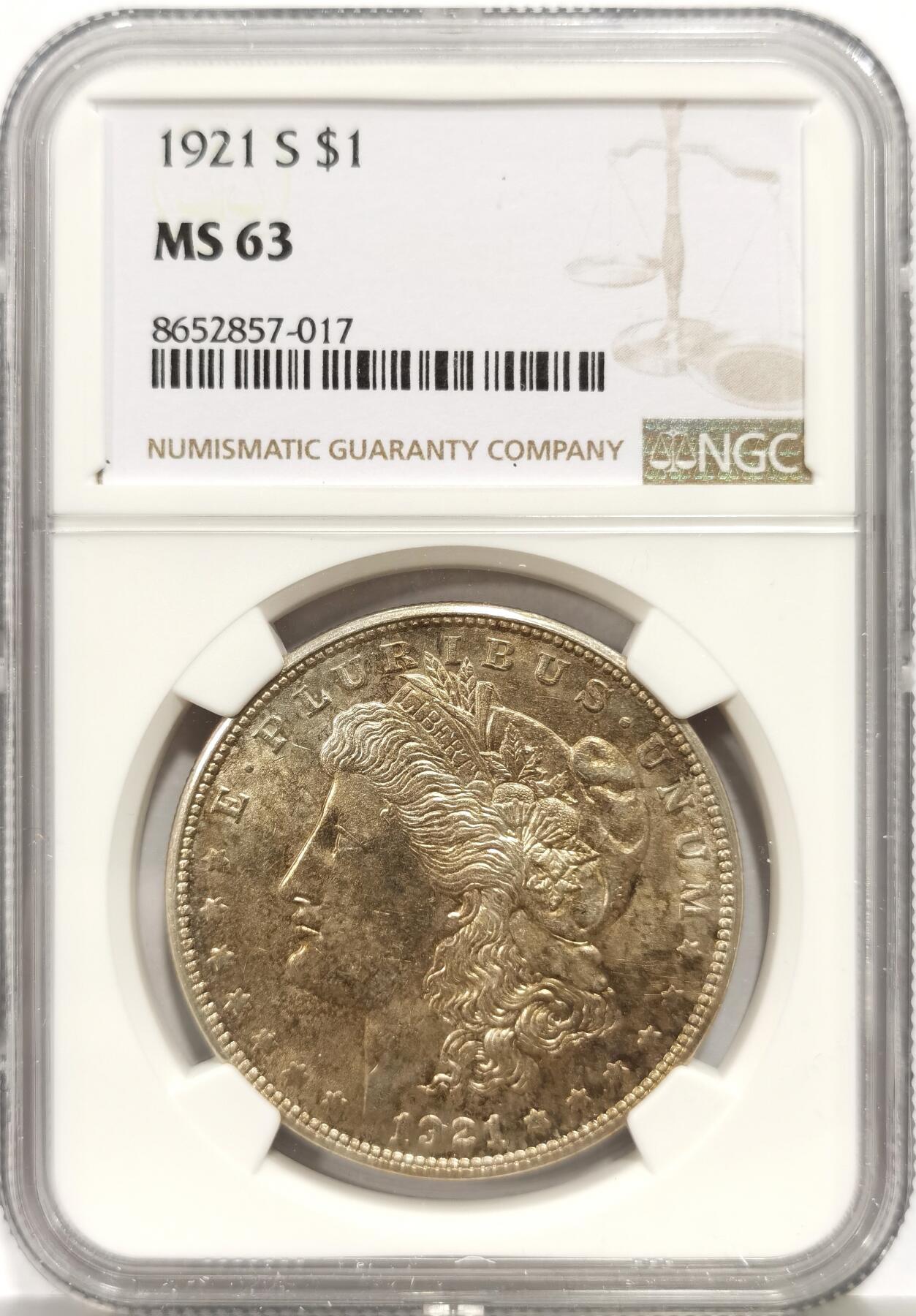 博洋堂世界钱币拍卖第158期（全场包邮） NGC MS63 美国1921年S版摩根银币，极美五彩，少见版别。