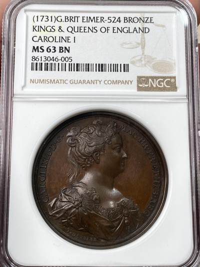 万国钱币拍卖第059期 - NGC MS63 1731年英国卡罗琳皇后慈善行动纪念大铜章 原味原铜光高浮雕 背面慈善女神环绕在儿童周围 40.5MM