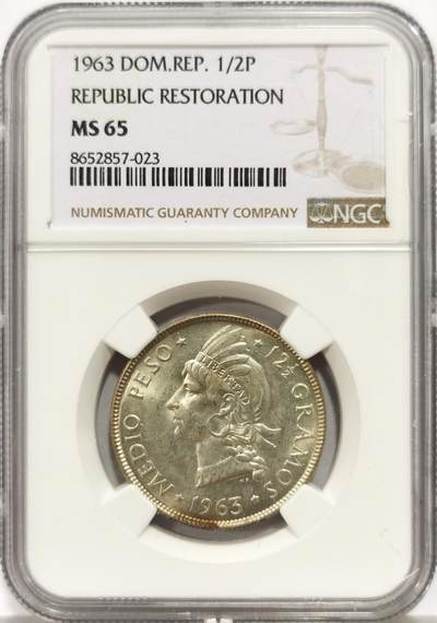 博洋堂世界钱币拍卖第158期（全场包邮） - NGC MS65 多米尼加1963年百年纪念半比索银币，极美卷拆品相，少见品种，一步到位的状态。