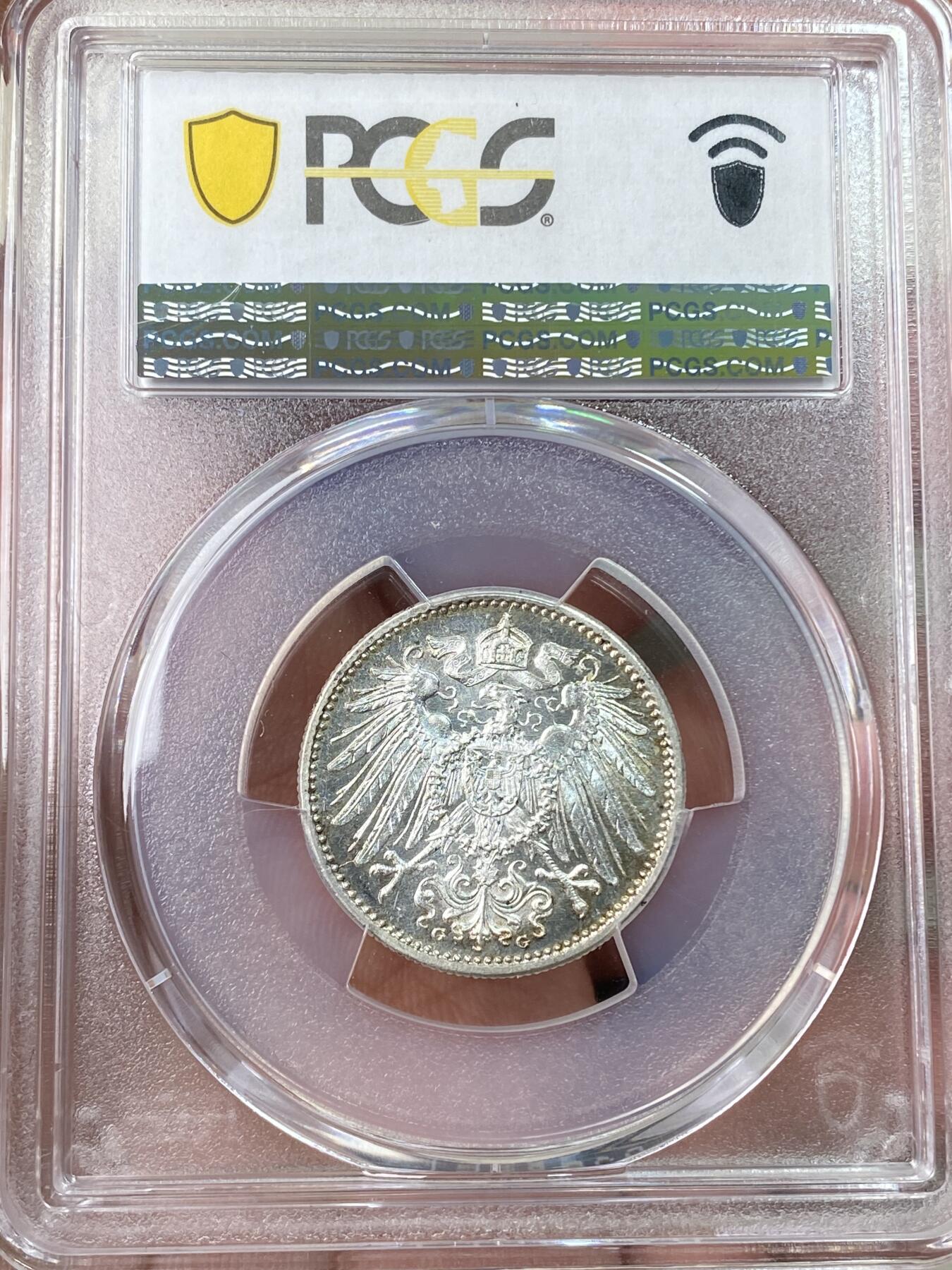 万国钱币拍卖第059期 PCGS MS64 1914德国流通长翅1马克银币 淡彩银霜转光收藏级