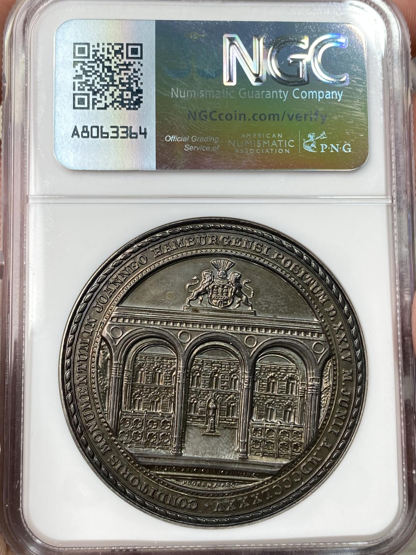 万国钱币拍卖第059期 NGC MS64 1885年（1973年后铸）德国汉堡纪念约翰内斯·布根哈根诞辰400周年大银章 布根哈根半身像约翰内姆教堂拱门 43MM  高浮雕精铸