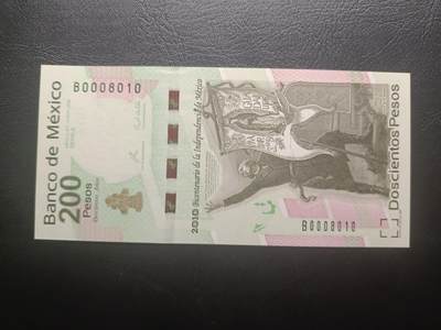 2026一月第四期，总214期 - 墨西哥2010年独立200周年200比索纪念钞UNC豹子头倒置号0008010，国父伊达尔戈和独立女神