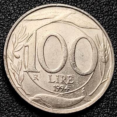 泉币菌-第173场- 精品福利场 - 1994 意大利100里拉白铜硬币 海豚 飞鸟 小麦 22mm 纪念币铜钱