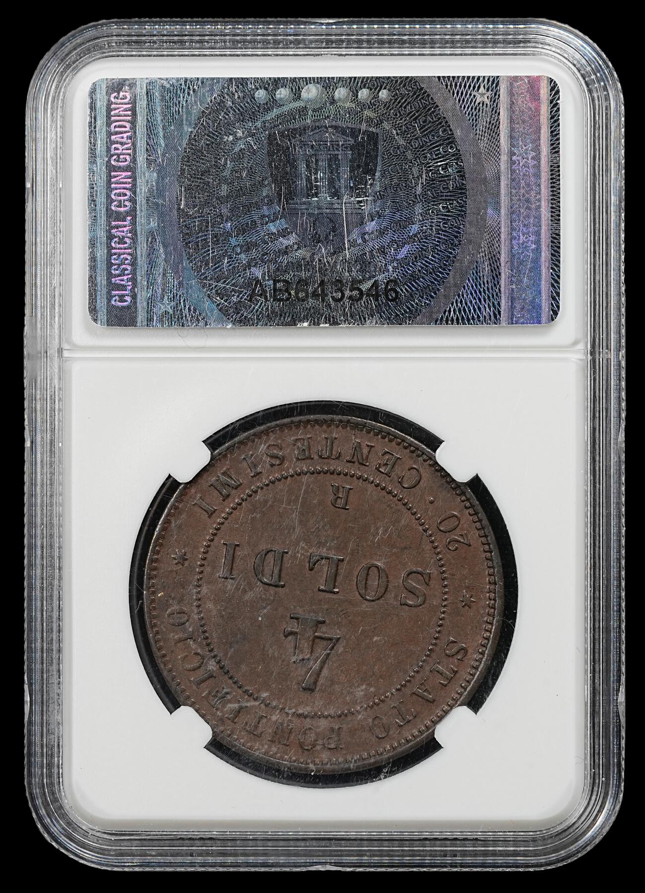 修遠堂世界钱币第102期 CCG AU58 1866年教皇国4 SOLDI大铜币，盒子略有磨损