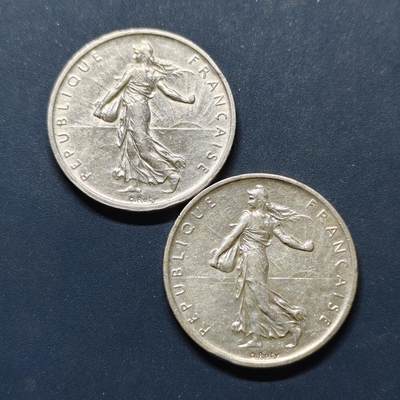 【全场包邮】纯粹捡漏拍497场-持续更新中 - 法国1960年播种女神5法郎银币2枚一组【29毫米12克83.5%X2枚，纯银价约441元（按22元银价估算）】