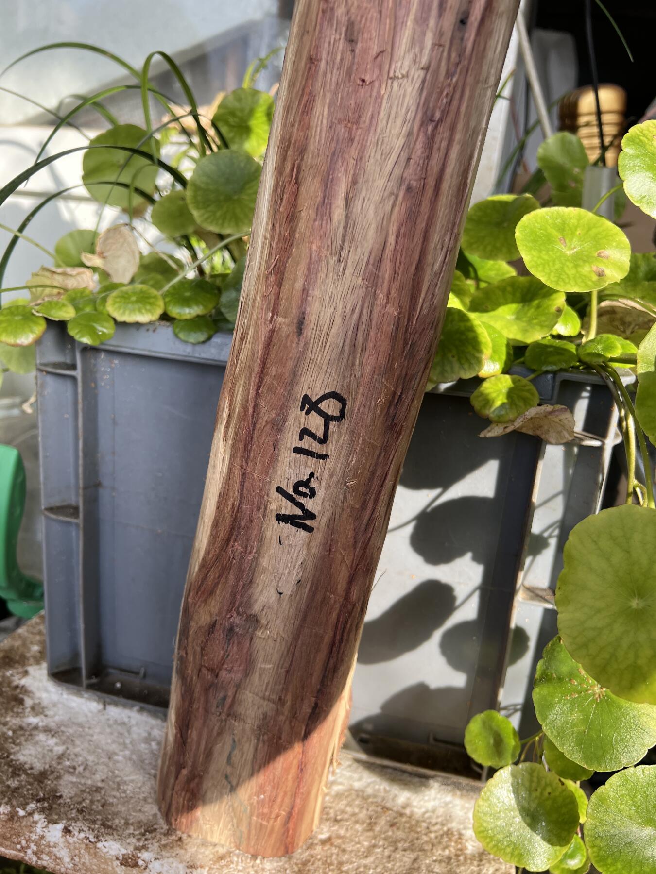 零元拍：  NO.128海南黄花梨珠子料 ，鬼脸还挺多，做烟杆手杖擀面杖，做四对手球没问题。尺寸约475/65/85MM，三斤多重