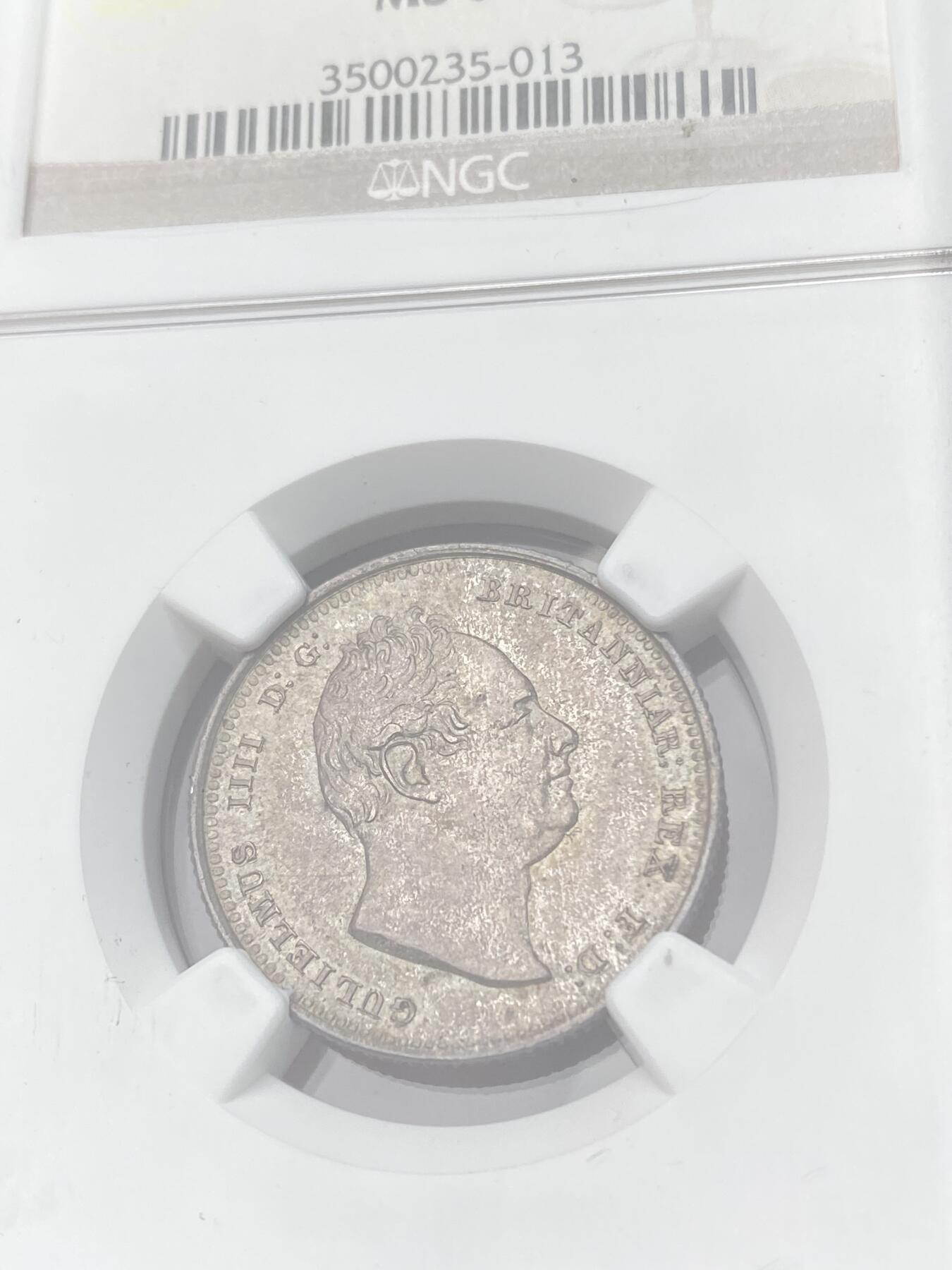 万国钱币拍卖第059期 NGC MS64 1834年英国威廉四世1先令银币 极美香槟色调车轮转光地板 NGC老盒