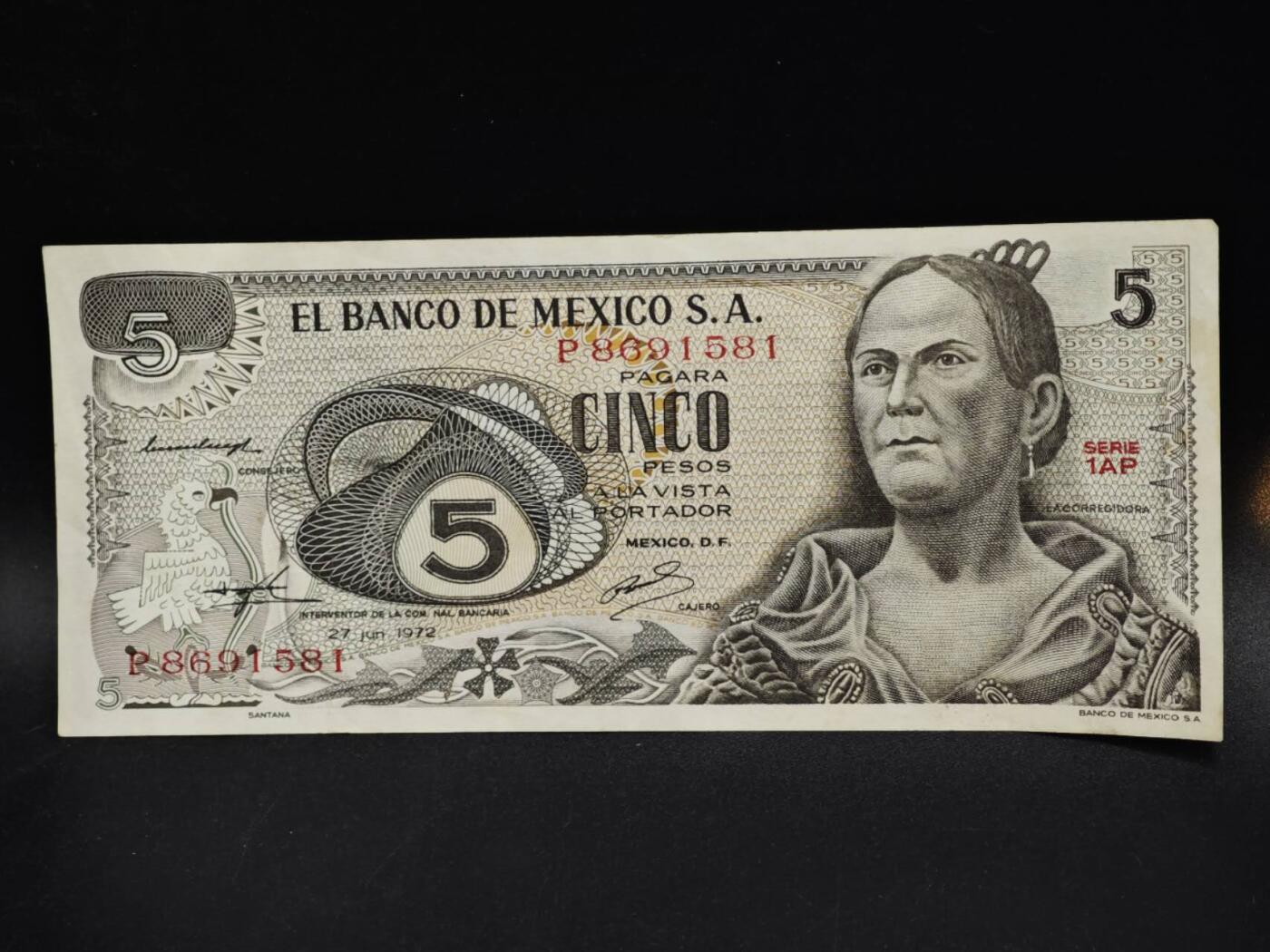 【淘币小摊】限时拍第八百五十二拍  无佣金福利纸币场  满百包邮可预留两周  周一统一发货  墨西哥1972年5比索纸币【有折】