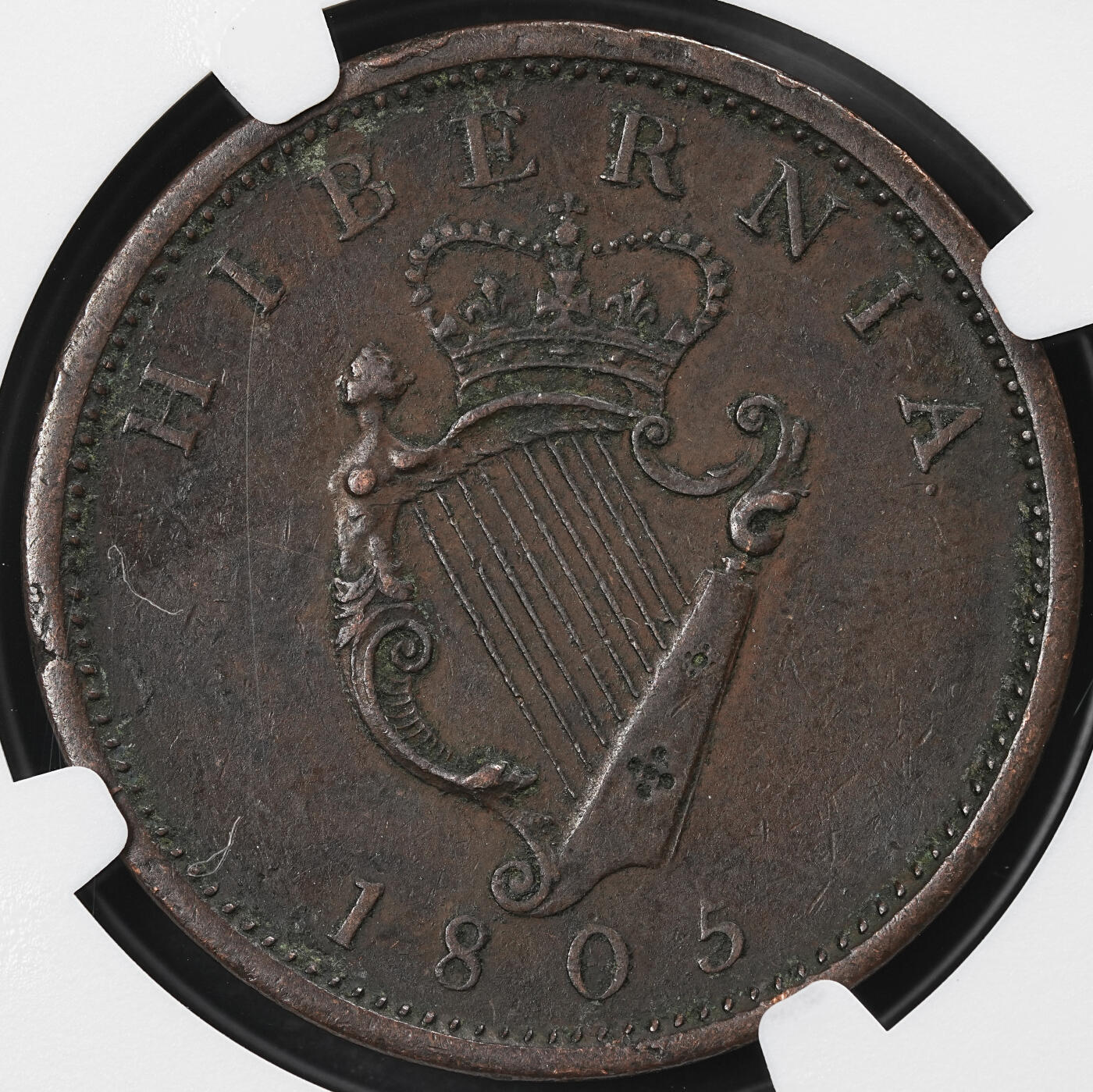 修遠堂世界钱币第102期 NGC XFD 1805年爱尔兰1便士大铜币，经典竖琴图案