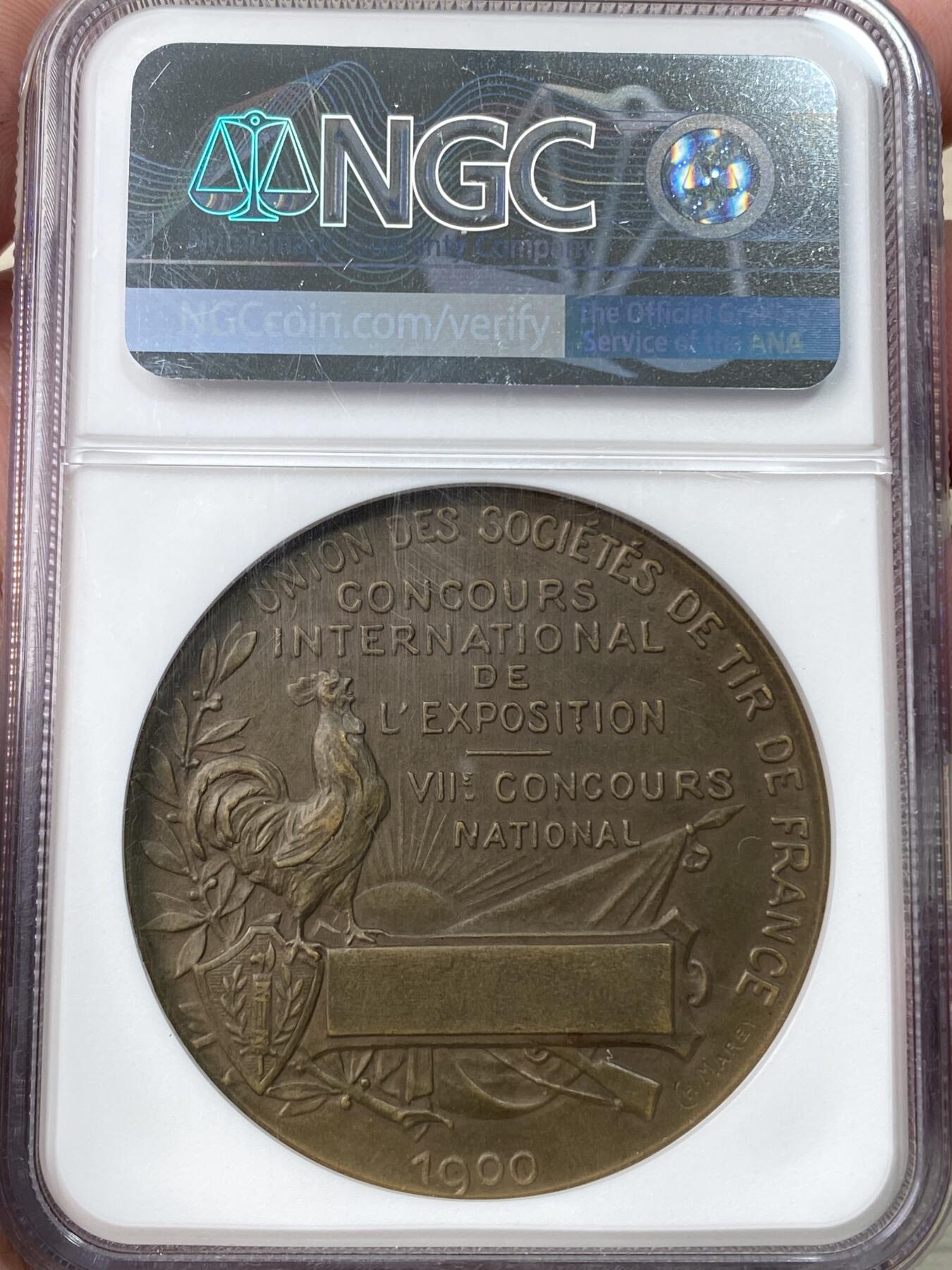 万国钱币拍卖第059期 NGC MS63 1900年法国射击节纪念大铜章 高卢雄鸡原铜光
