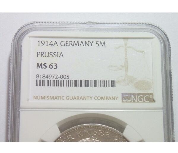 【旋风钱币】1月24日19:00准时开拍 精美欧洲币章、银币银章、第三帝国钱币等 全场包邮！ 【银】NGC MS63 德国普鲁士1914年 威廉二世军装5马克大银币 难得开卷原光