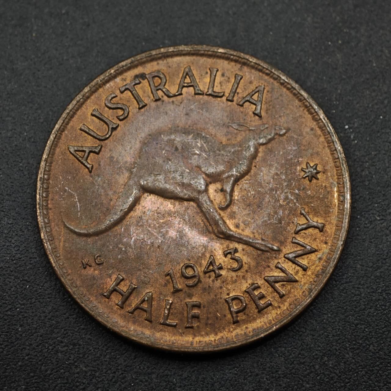 【淘币小摊】实时拍第八百五十三拍   散币银币场   满百包邮可预留二周 每周一统一发货   澳大利亚1943年乔治六世半便士铜币