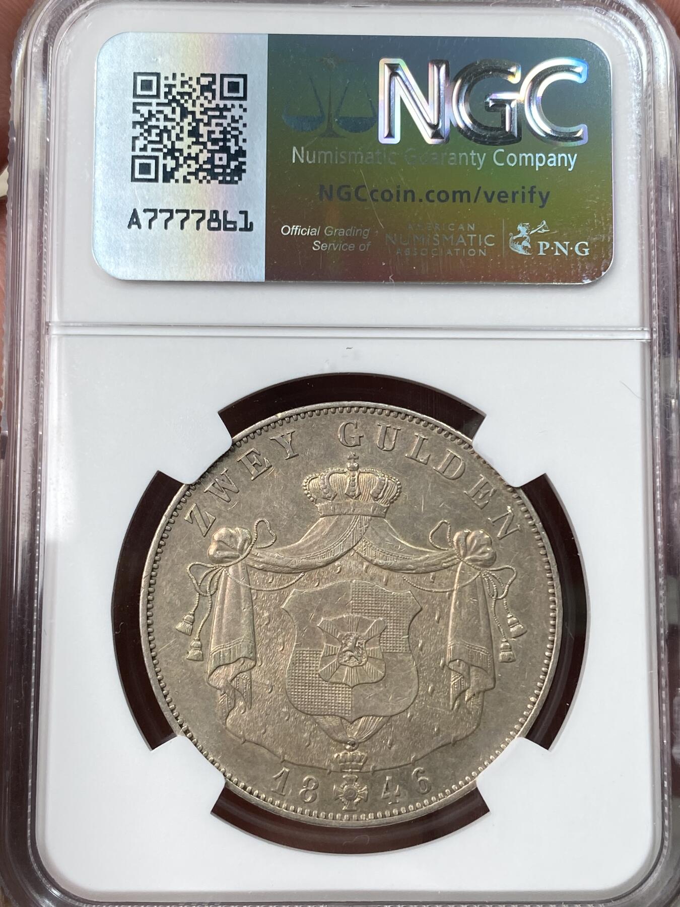万国钱币拍卖第059期 NGC AU58 1846年德国霍亨索伦-黑兴根弗里德里希亲王流通纹章2古尔登大银 极其罕见的小邦2盾品种 哪怕通货品相也是难得一见 NGC一共3枚有分记录 此枚为唯一冠军