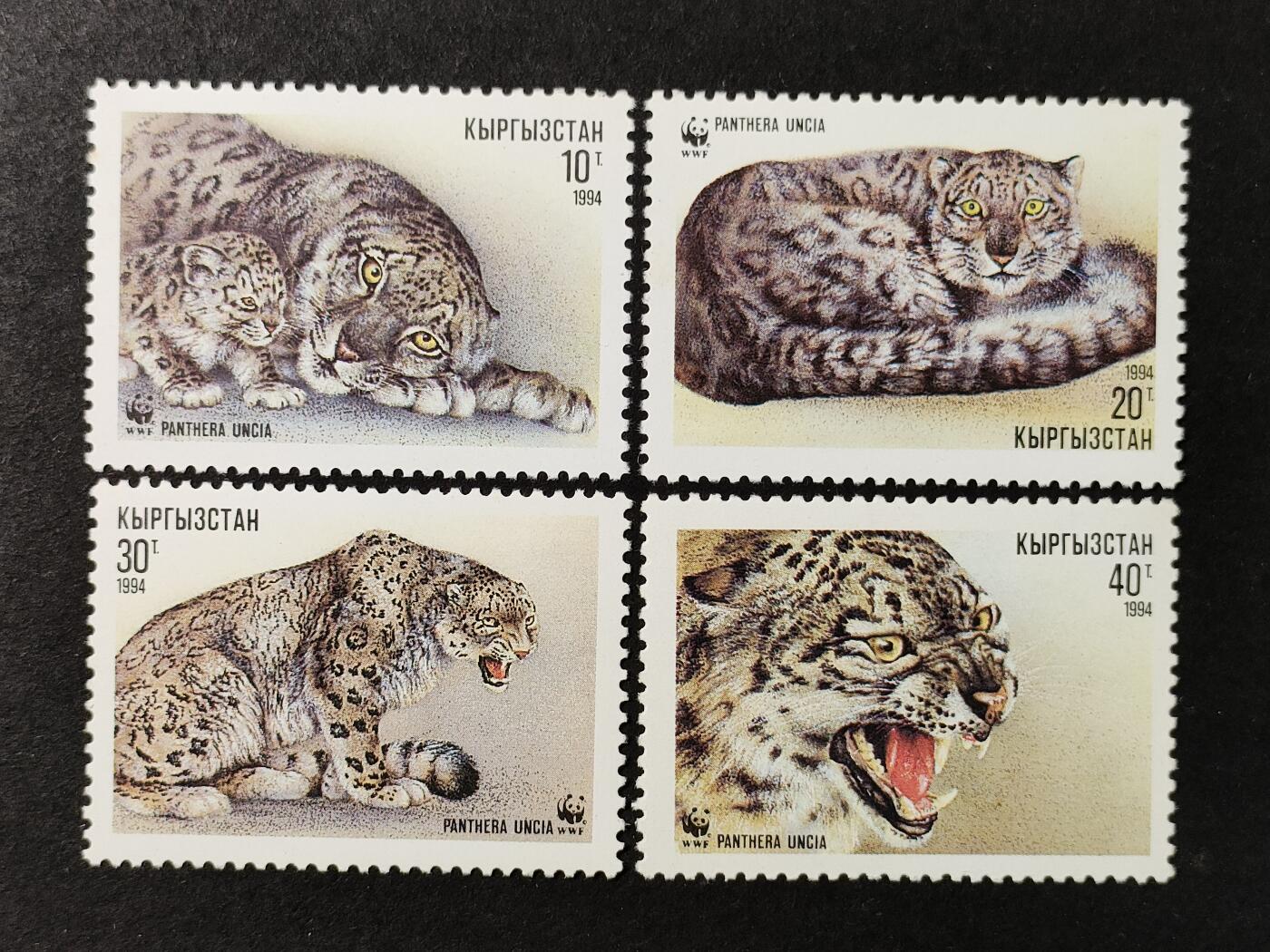 ↓君缘收藏720期☞钱币邮品↓无佣金、可寄存、满30元包邮  吉尔吉斯斯坦邮票，1994年濒危物种保护(WWF)动物 雪豹邮票4全