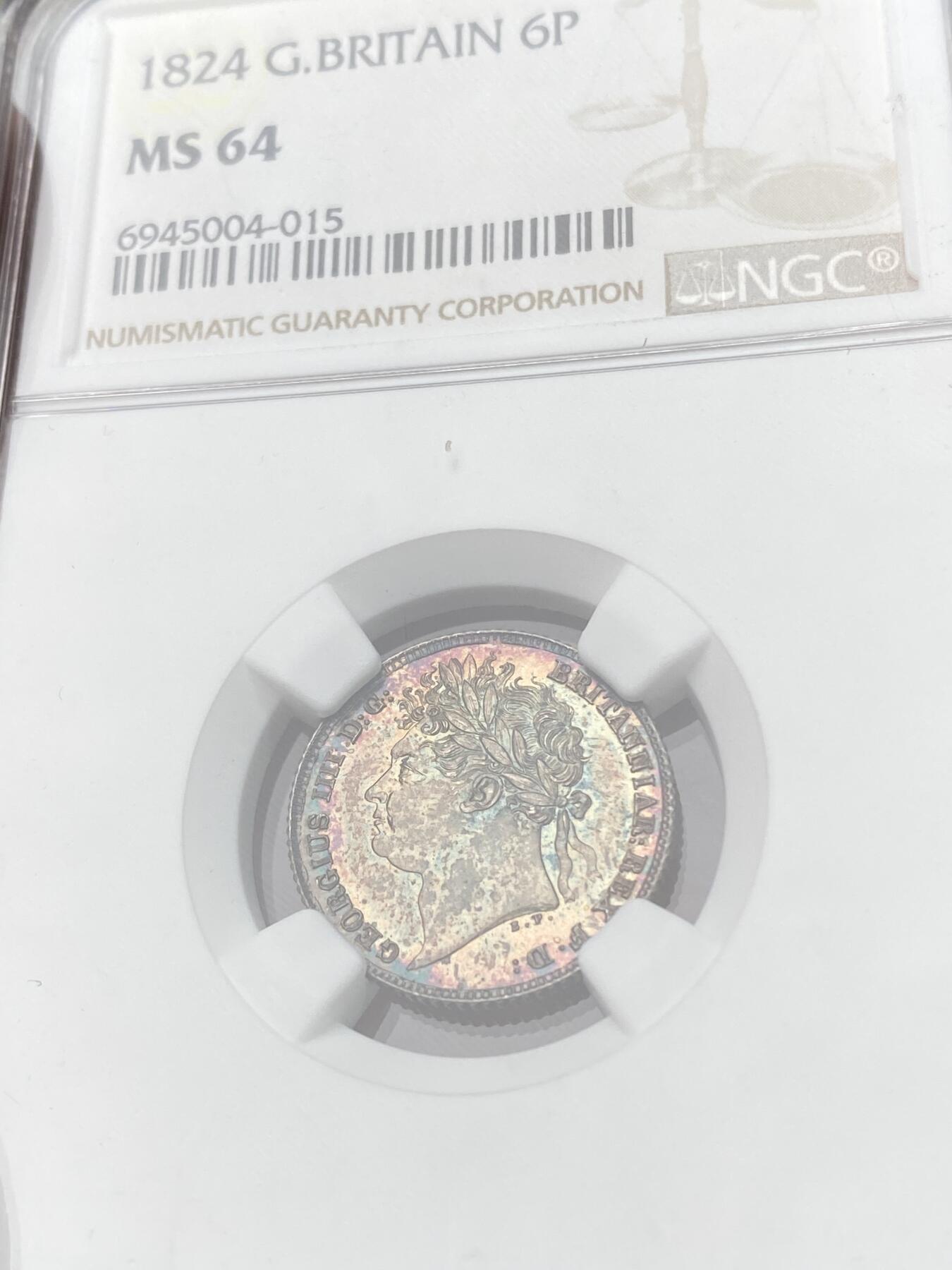 万国钱币拍卖第059期 NGC MS64 1824年英国乔治四世嘉德6便士银币 双面华丽五彩顶级典藏品质