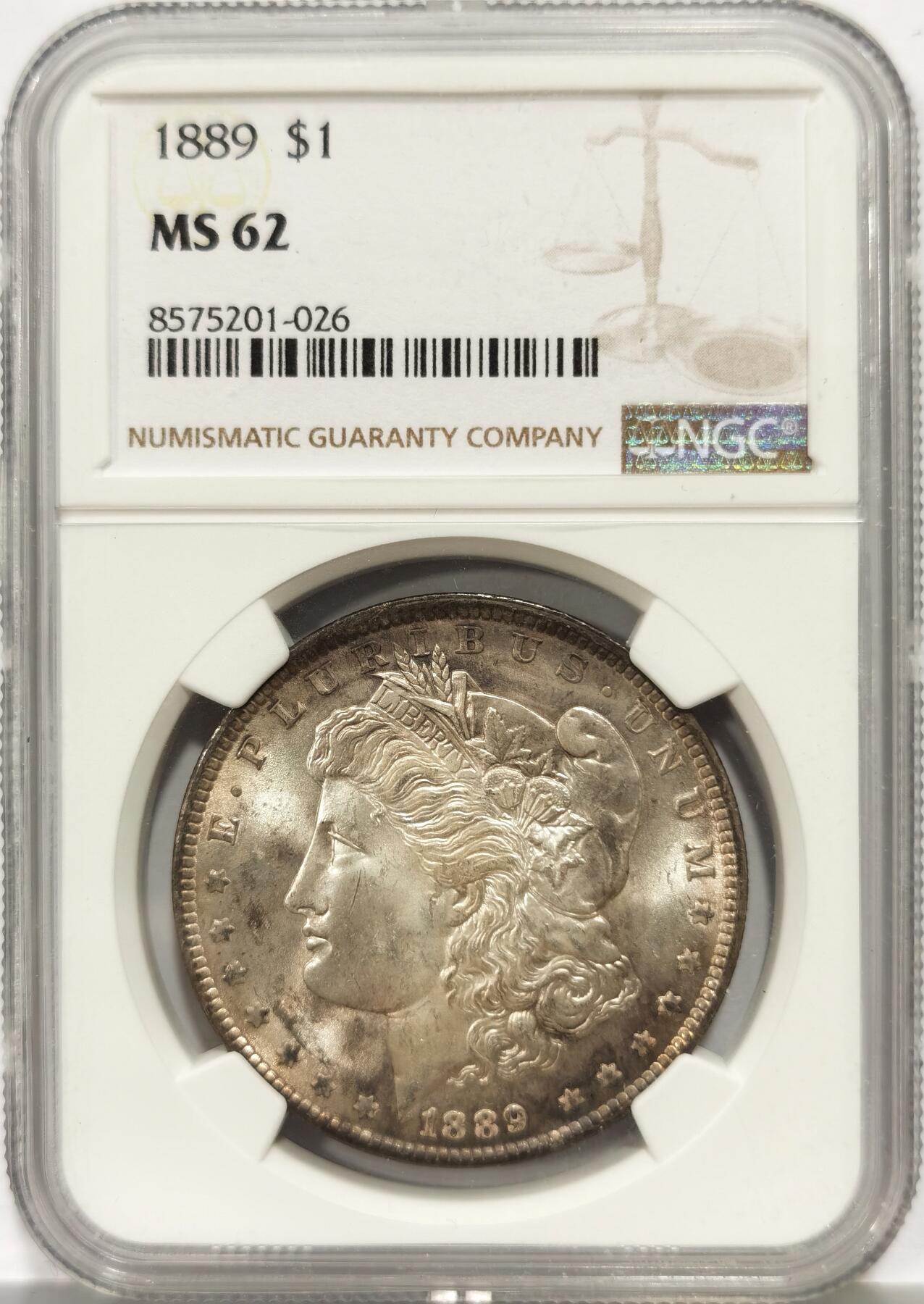 博洋堂世界钱币拍卖第158期（全场包邮） NGC MS62 美国1889年摩根银币 少见年份双面环彩