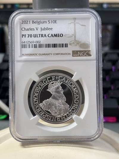 第189期拍卖 - 比利时2021年卡尔斯古尔登500周年精制纪念银币NGC-PF70无盒无证书，925银，18.75克，发行5000枚