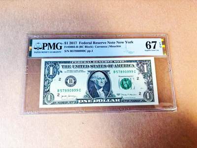 【Blue Auction】世界纸币精拍第778期——18级TOP拍卖/信誉/品质/专业/高效💫 - 【999豹子号】美国 2017年1美金 PMG67EPQ 