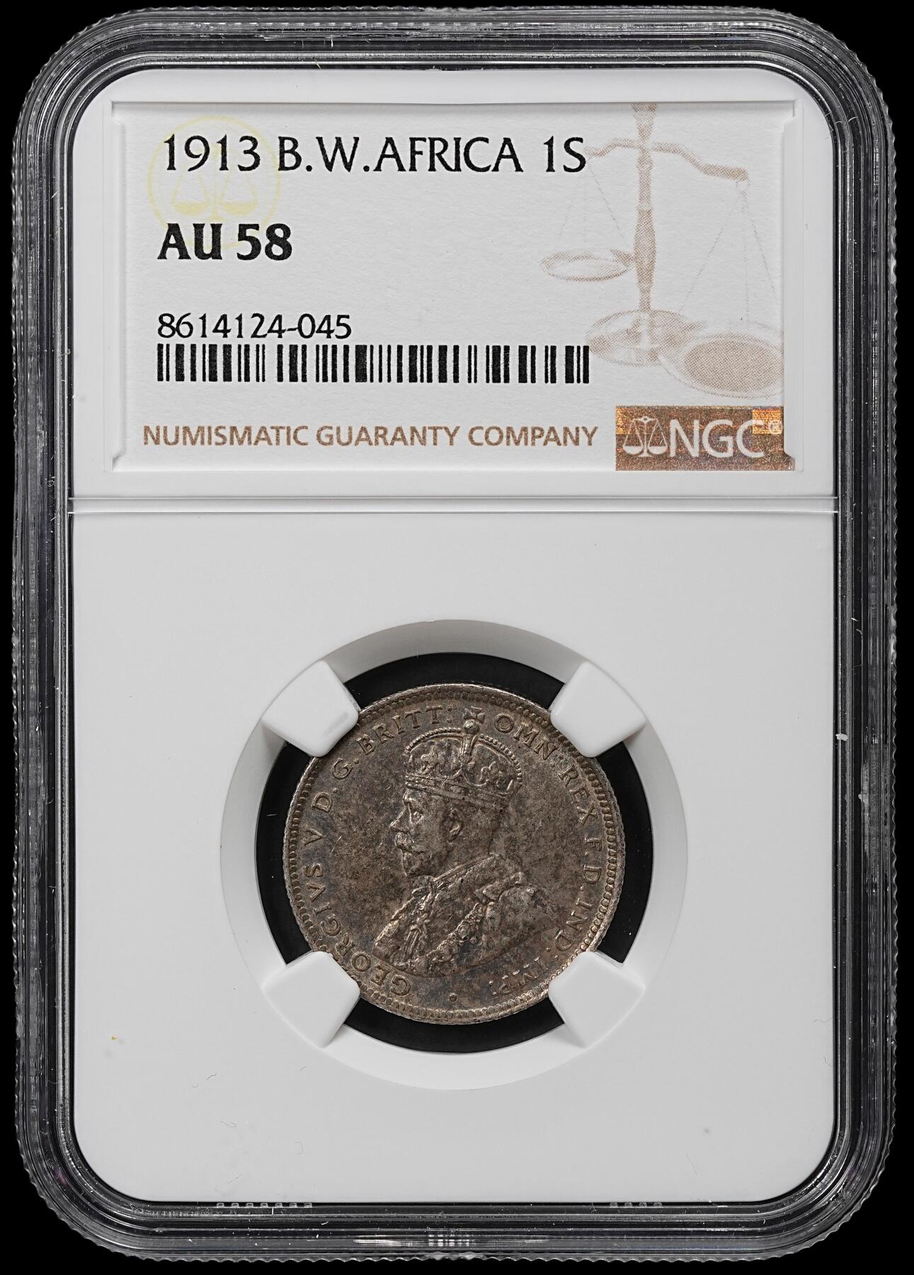 修遠堂世界钱币第102期 NGC AU58 1913年英属西非1先令银币 11.31g，925银