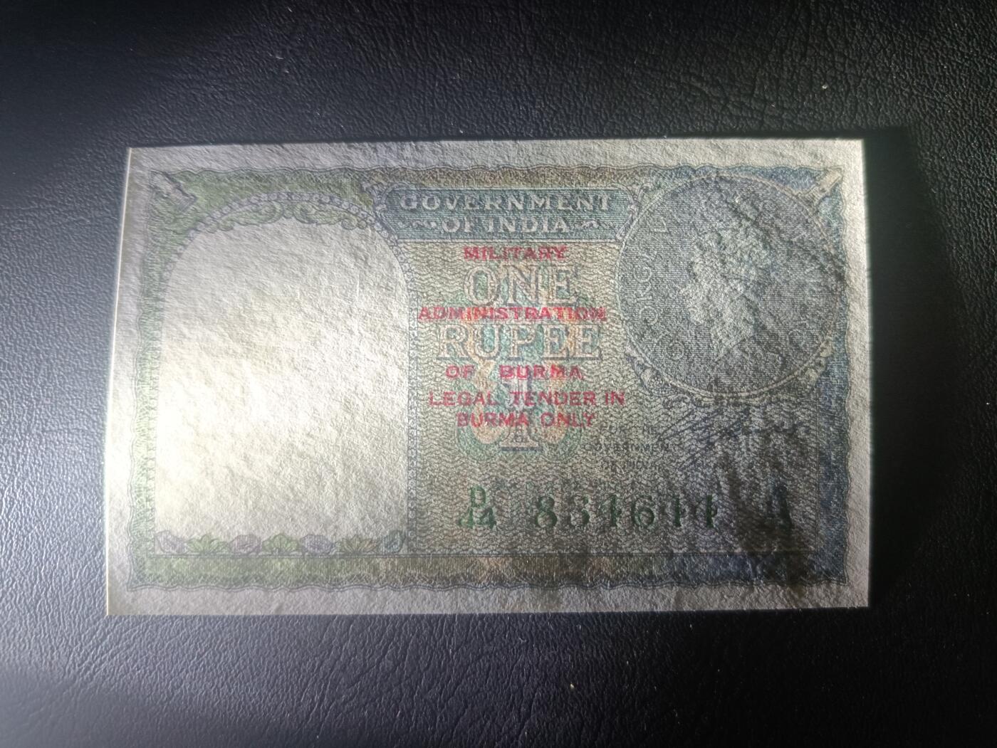 2026一月第四期，总214期 英属缅甸1945版1卢比UNC微潮，缅甸光复后在英属印度纸币上临时加盖随军使用