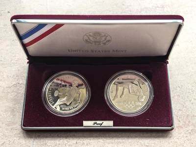 博洋堂世界钱币拍卖第158期（全场包邮） - 1996年美国1美元两枚精制银币套 亚特兰大奥运会-跳高和乒乓 26.73克900银X2 盒证全