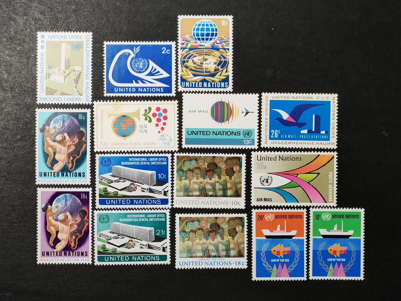 ↓君缘收藏720期☞钱币邮品↓无佣金、可寄存、满30元包邮  联合国纽约邮票，1974年全年邮票7套15全